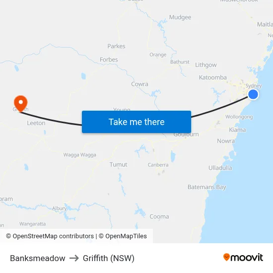 Banksmeadow to Griffith (NSW) map