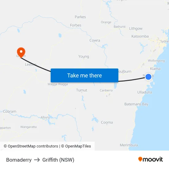 Bomaderry to Griffith (NSW) map