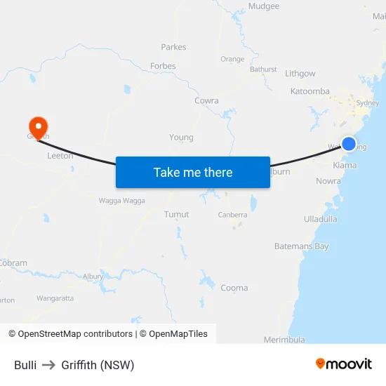 Bulli to Griffith (NSW) map