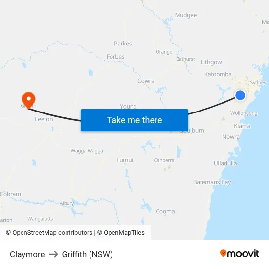Claymore to Griffith (NSW) map
