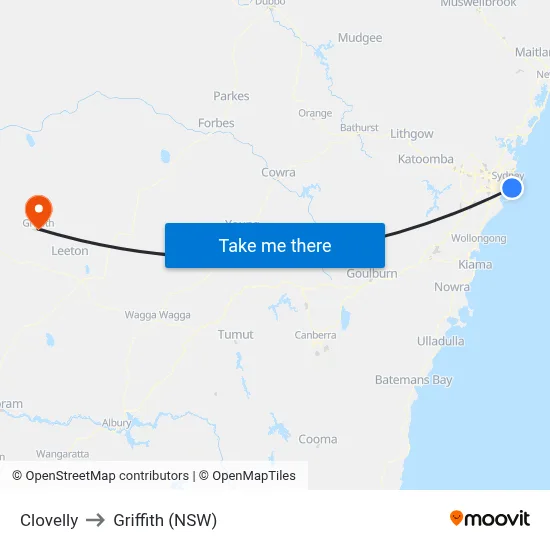 Clovelly to Griffith (NSW) map