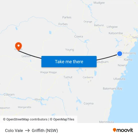 Colo Vale to Griffith (NSW) map