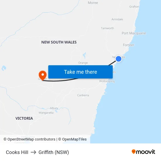Cooks Hill to Griffith (NSW) map