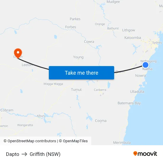 Dapto to Griffith (NSW) map