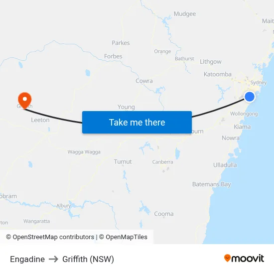 Engadine to Griffith (NSW) map