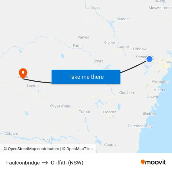 Faulconbridge to Griffith (NSW) map