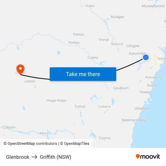 Glenbrook to Griffith (NSW) map