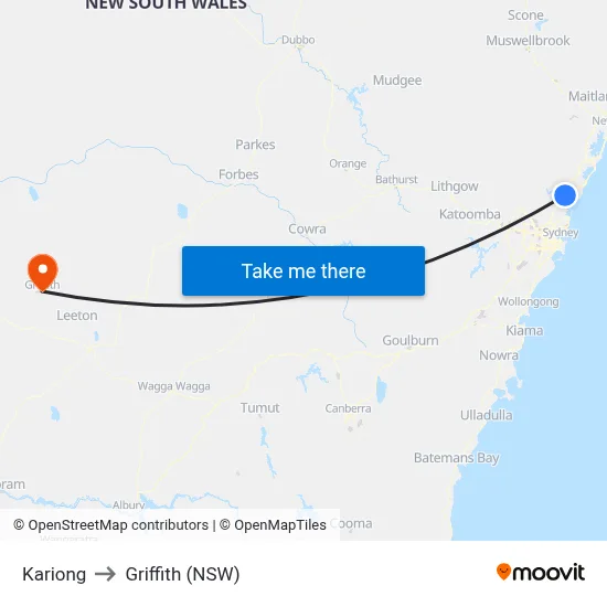 Kariong to Griffith (NSW) map