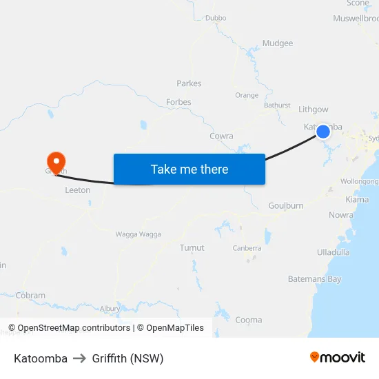 Katoomba to Griffith (NSW) map