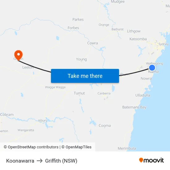 Koonawarra to Griffith (NSW) map