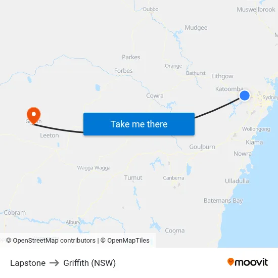 Lapstone to Griffith (NSW) map