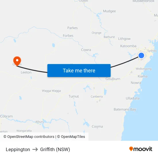 Leppington to Griffith (NSW) map