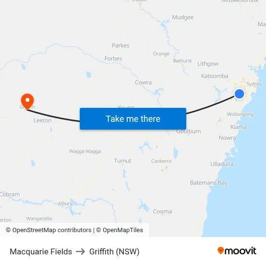 Macquarie Fields to Griffith (NSW) map