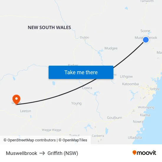 Muswellbrook to Griffith (NSW) map