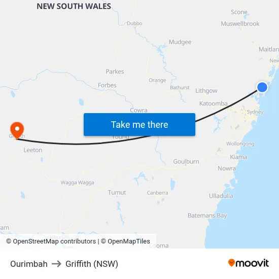 Ourimbah to Griffith (NSW) map