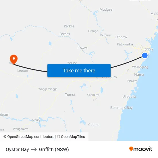 Oyster Bay to Griffith (NSW) map