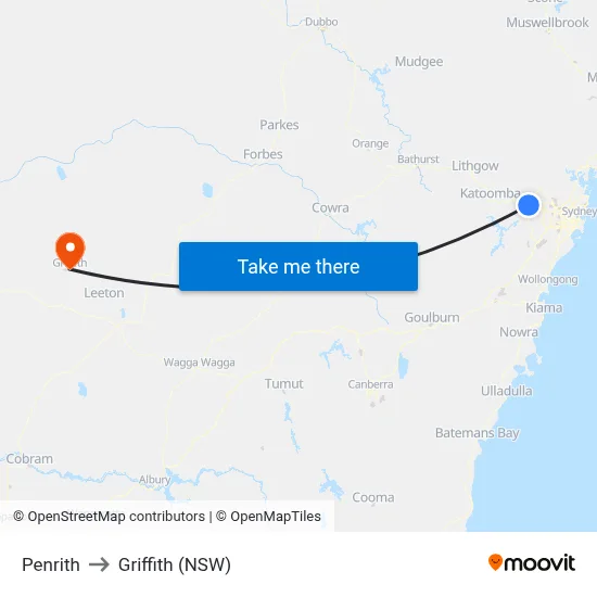 Penrith to Griffith (NSW) map