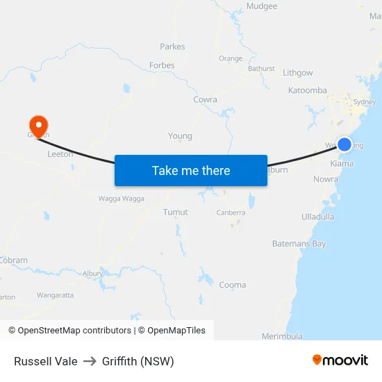Russell Vale to Griffith (NSW) map