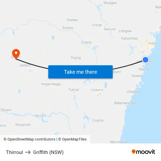 Thirroul to Griffith (NSW) map