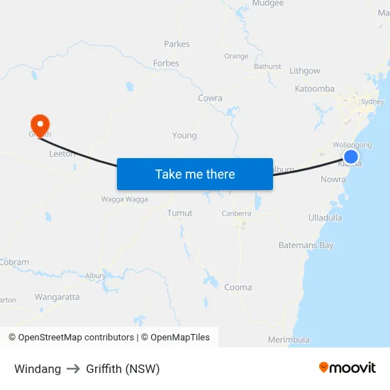 Windang to Griffith (NSW) map