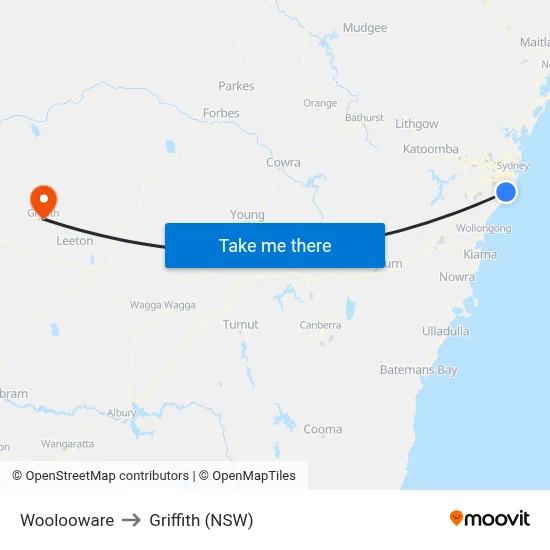 Woolooware to Griffith (NSW) map