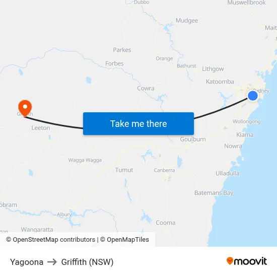 Yagoona to Griffith (NSW) map