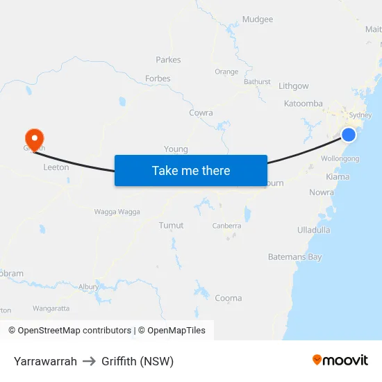 Yarrawarrah to Griffith (NSW) map