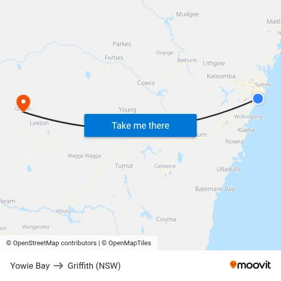 Yowie Bay to Griffith (NSW) map