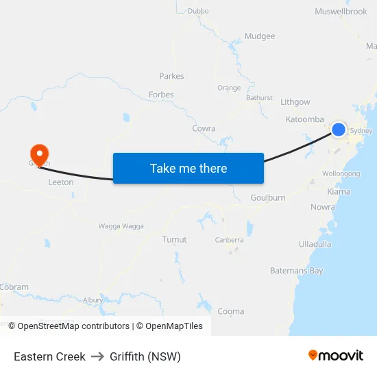 Eastern Creek to Griffith (NSW) map