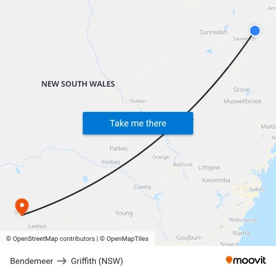Bendemeer to Griffith (NSW) map