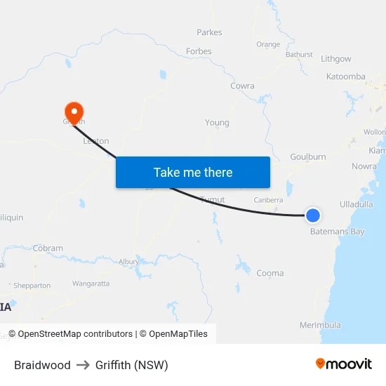 Braidwood to Griffith (NSW) map