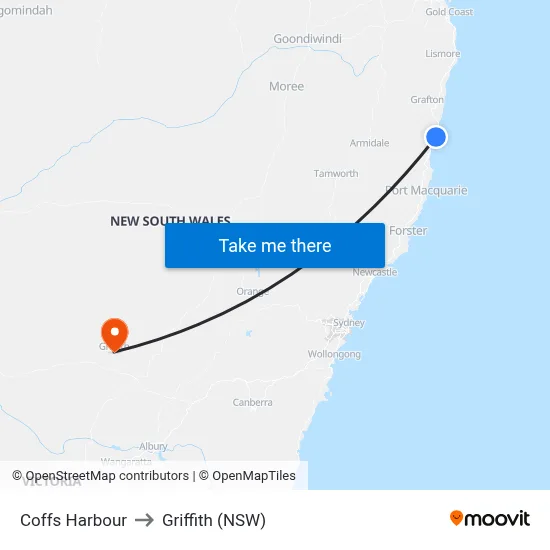 Coffs Harbour to Griffith (NSW) map