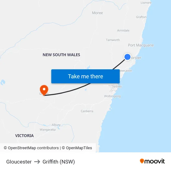 Gloucester to Griffith (NSW) map