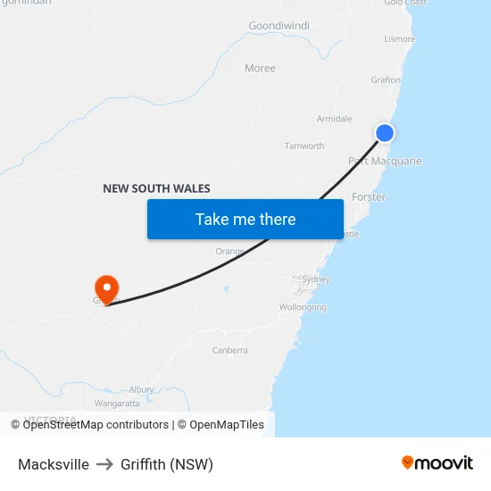 Macksville to Griffith (NSW) map