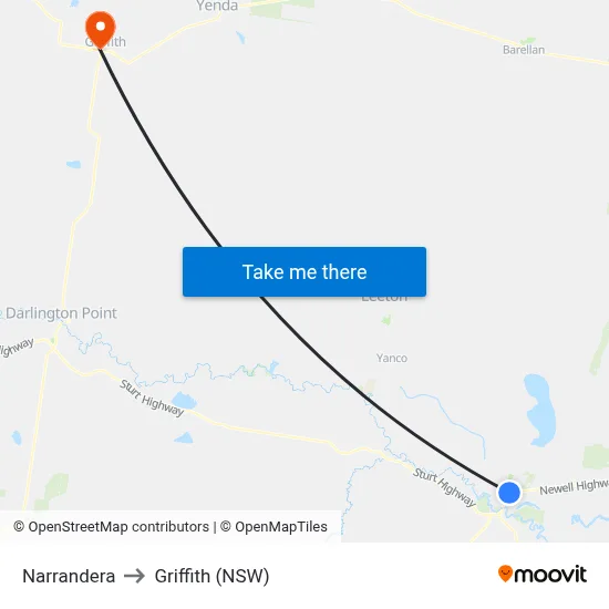 Narrandera to Griffith (NSW) map