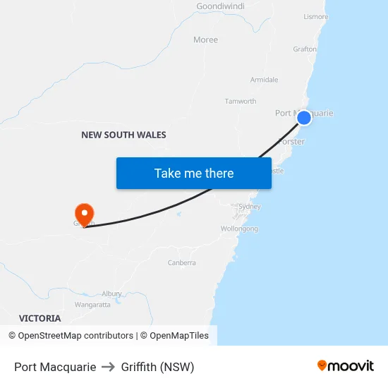 Port Macquarie to Griffith (NSW) map