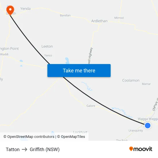 Tatton to Griffith (NSW) map