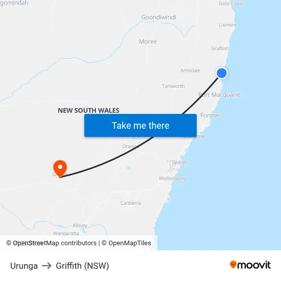 Urunga to Griffith (NSW) map