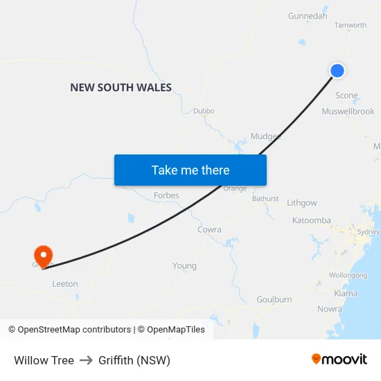 Willow Tree to Griffith (NSW) map