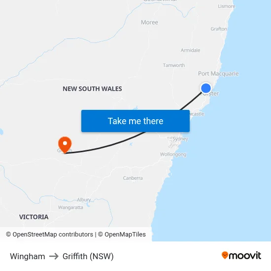 Wingham to Griffith (NSW) map