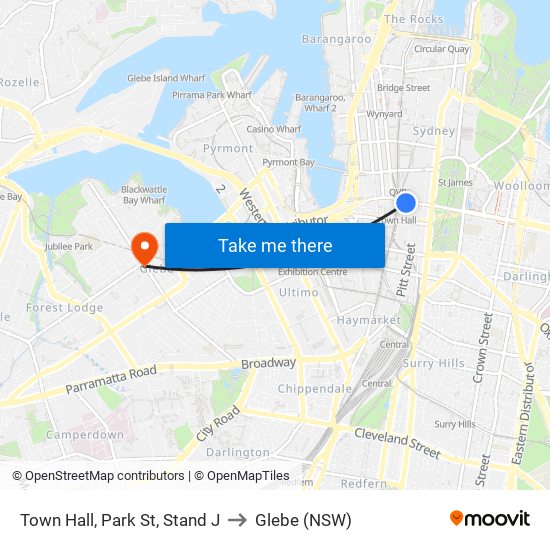 Town Hall, Park St, Stand J to Glebe (NSW) map