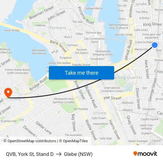 QVB, York St, Stand D to Glebe (NSW) map