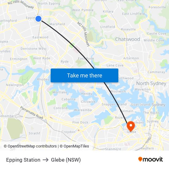 Epping Station to Glebe (NSW) map