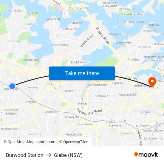 Burwood Station to Glebe (NSW) map