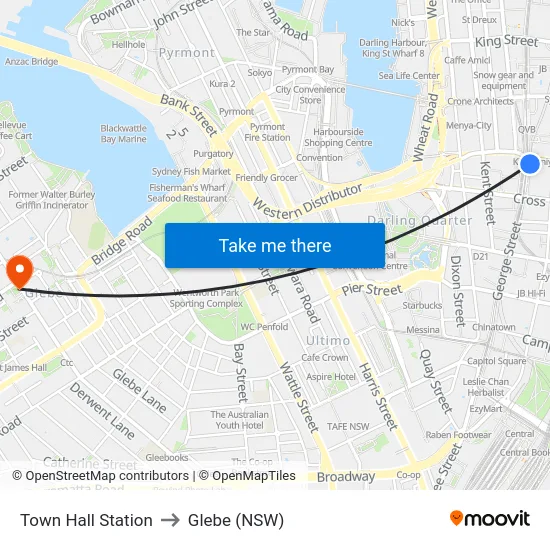 Town Hall Station to Glebe (NSW) map