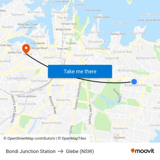 Bondi Junction Station to Glebe (NSW) map