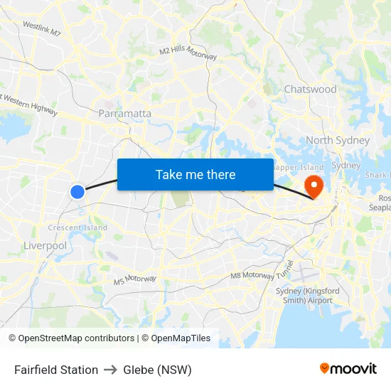 Fairfield Station to Glebe (NSW) map