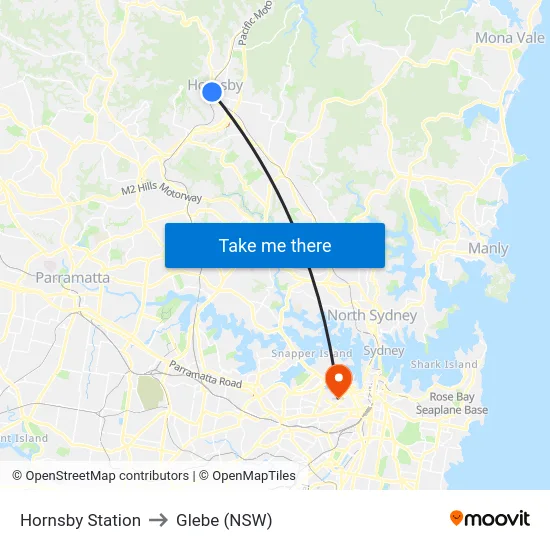 Hornsby Station to Glebe (NSW) map
