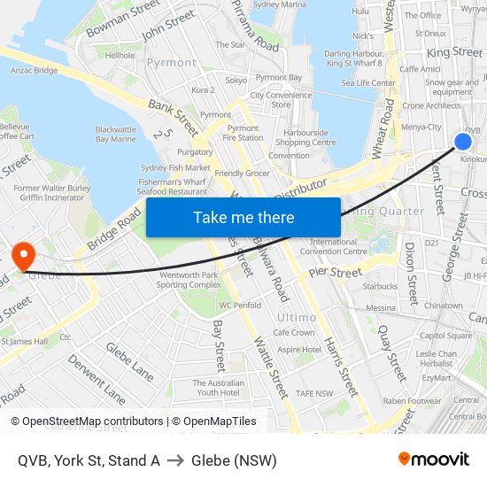 QVB, York St, Stand A to Glebe (NSW) map