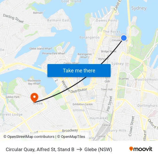 Circular Quay, Alfred St, Stand B to Glebe (NSW) map